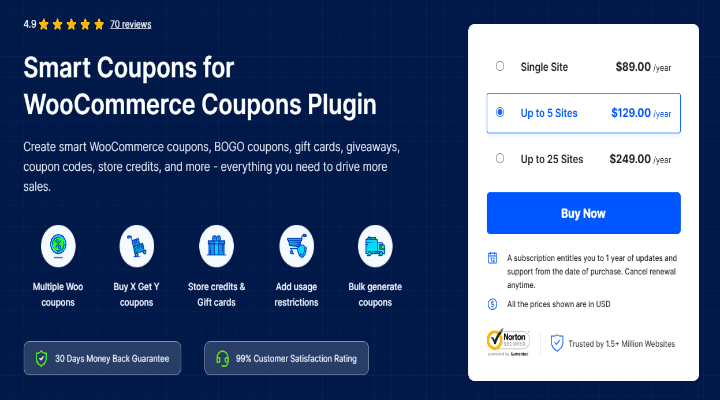 Smart Coupons for WooCommerce Pro plugin for BOGO deals, gift vouchers, and store credit management