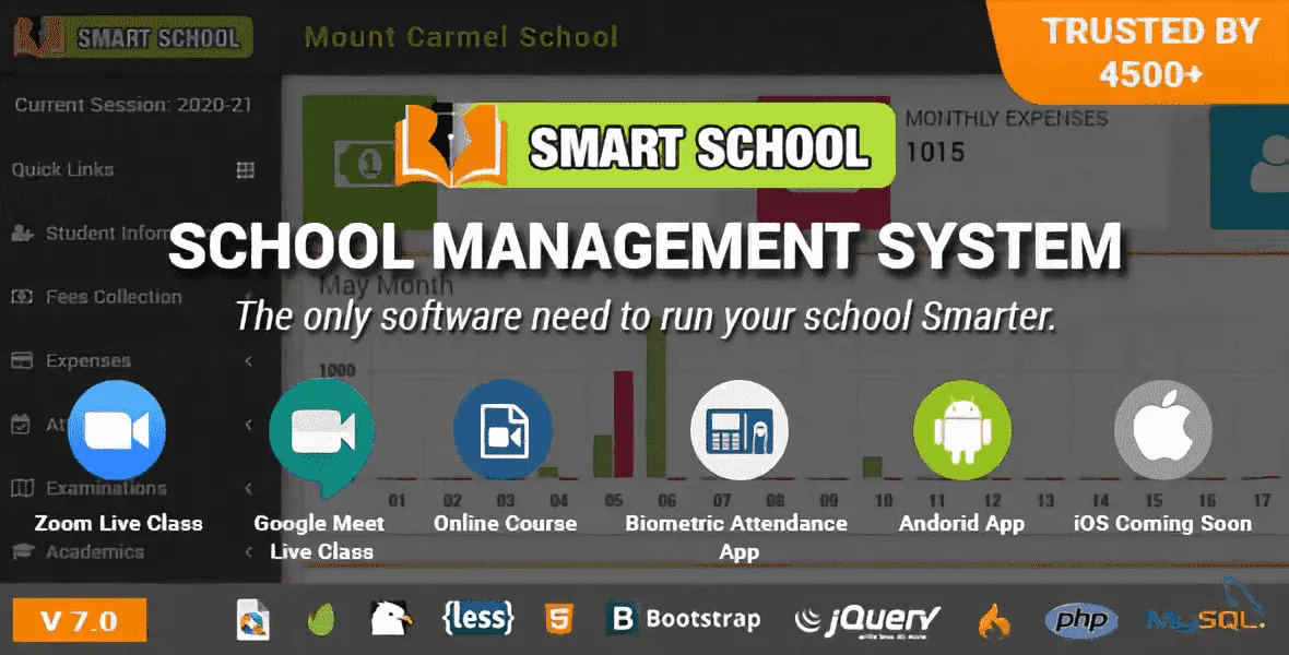 Smart School school management system PHP dashboard interface for education administration