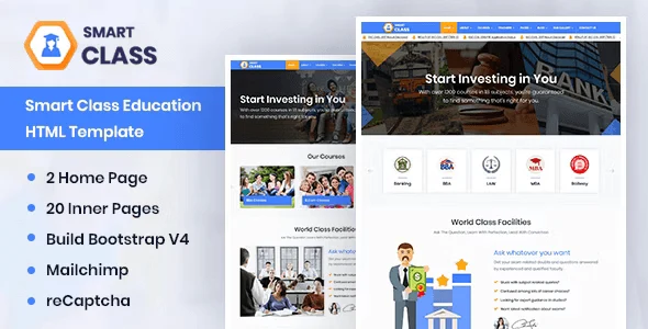 SmartClass education HTML template homepage demo showing responsive school website design on desktop and mobile
