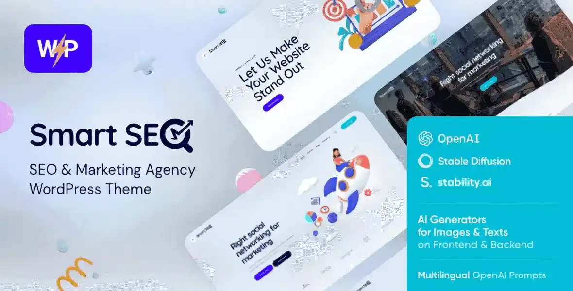 SmartSEO SEO agency WordPress theme with responsive layout and Elementor customization for marketing firms