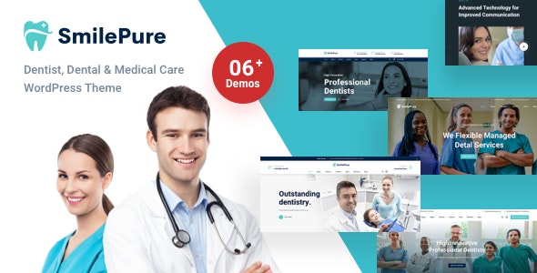 SmilePure WordPress theme homepage showing dental clinic layout with service cards, team profiles, and appointment booking form