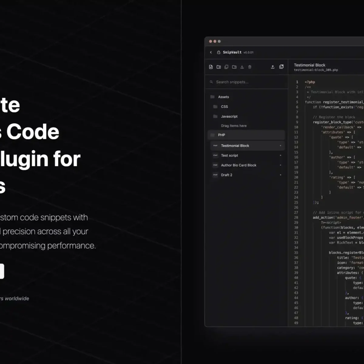 SnipVault WordPress code snippets plugin dashboard