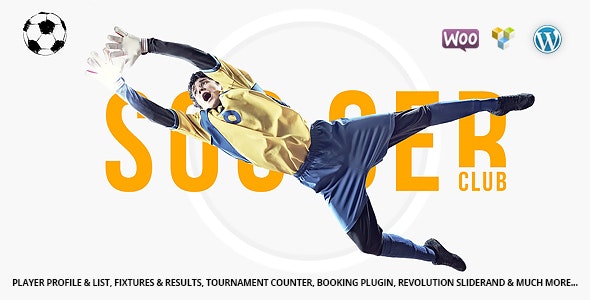 Soccer Club WordPress theme homepage showing league table, player profiles, and match schedule on desktop and mobile