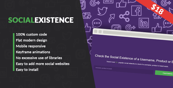Social Existence PHP script interface showing social media username verification results across multiple platforms