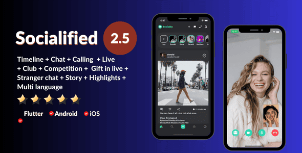 Social media app source code built with Flutter for iOS and Android featuring chat, live streaming, and stories