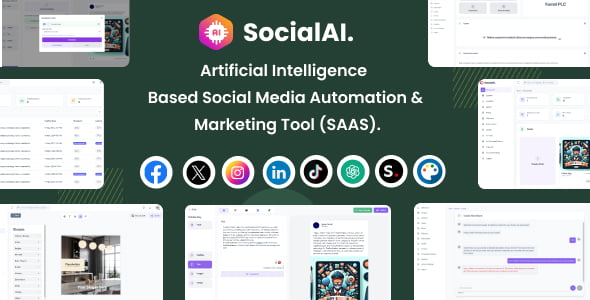 SocialAI dashboard showing AI-powered social media automation SaaS script interface