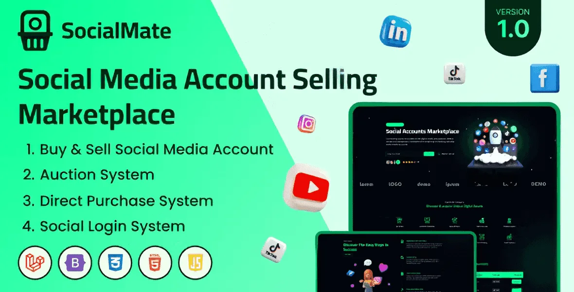 SocialMate PHP script dashboard showing social media account marketplace with bidding listings and user management