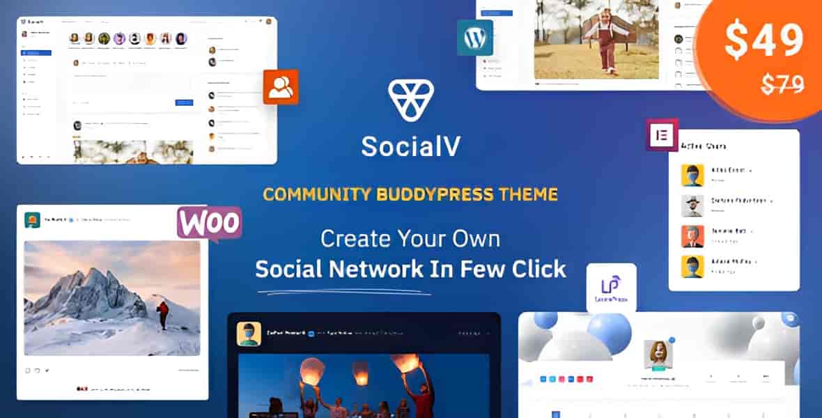 SocialV BuddyPress WordPress theme showcasing responsive social network community design