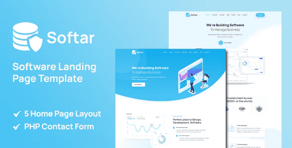 Softar software landing page template showing responsive HTML5 design with modern layout