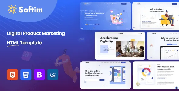 Softim SaaS startup HTML5 template preview showing responsive website layout