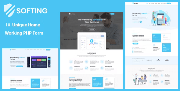 Softing responsive HTML5 software landing page template with homepage variations