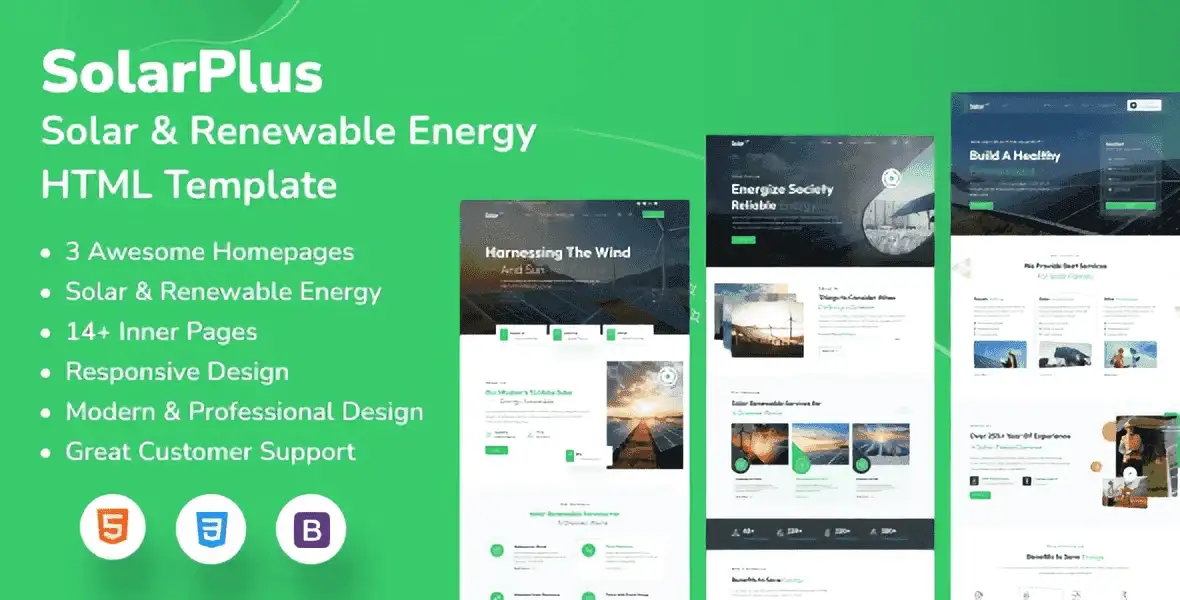 SolarPlus solar and renewable energy HTML template homepage preview with parallax hero section