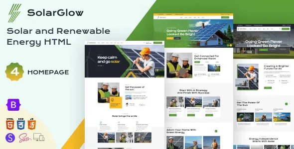 Solarglow solar energy HTML template preview for renewable energy businesses