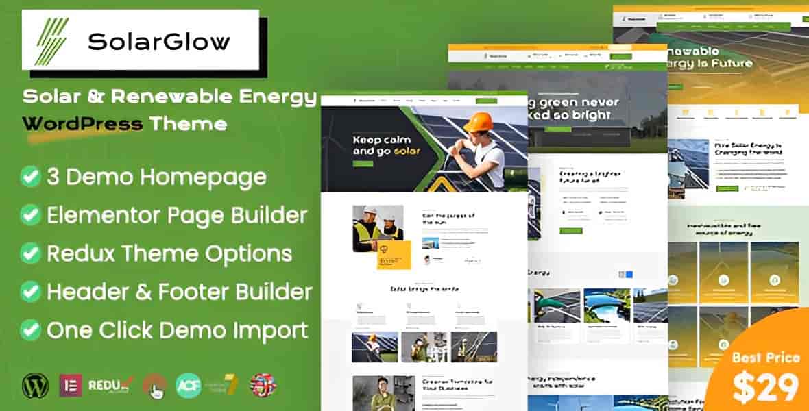 Solarglow solar energy WordPress theme website preview showcasing renewable energy business layout