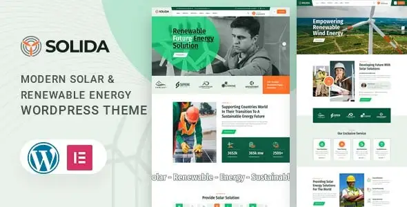 Solida WordPress theme homepage preview showing solar energy company layout with services, projects, and team sections