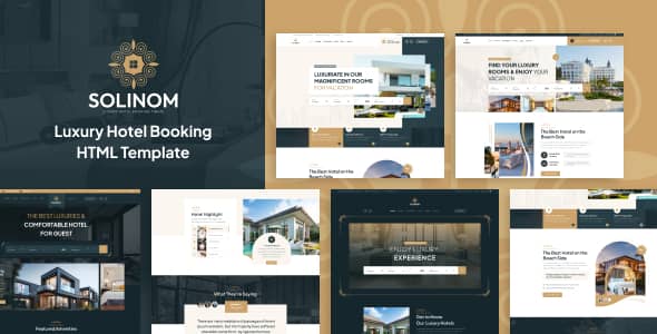 Solinom hotel booking HTML template preview showing luxury resort website design with booking interface