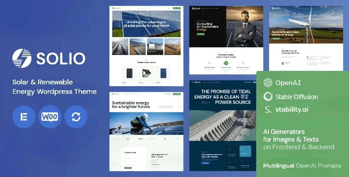 Solio solar energy WordPress theme showcasing a modern industrial website design for renewable energy businesses