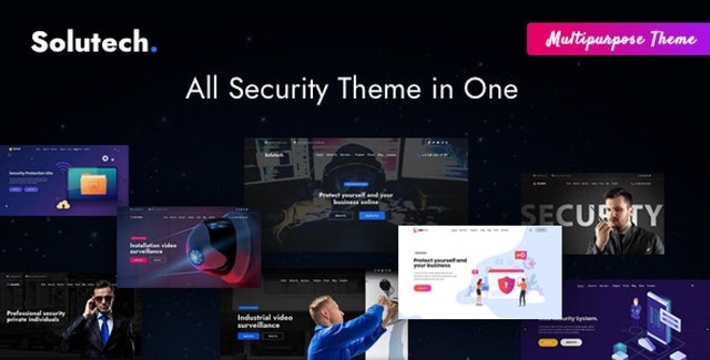 Solutech cybersecurity WordPress theme preview for security and antivirus businesses