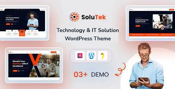Solutek WordPress theme homepage preview showing modern technology business layout with Elementor editing interface