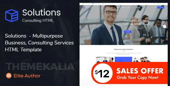 Solutions multipurpose business consulting HTML template preview showing responsive corporate website design
