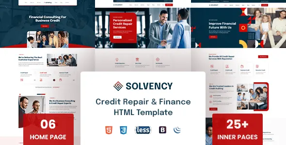 Solvency finance and credit repair HTML template with professional homepage layout for financial services