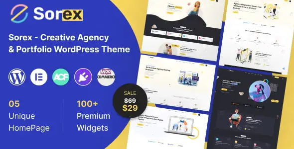 Sorex creative agency and portfolio WordPress theme homepage preview showcasing Elementor-powered layout design