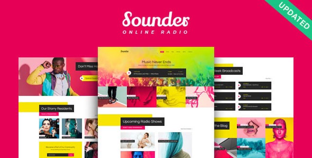 Sounder online radio WordPress theme homepage layout showcasing music streaming and broadcast features