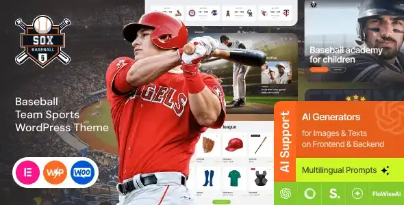 Sox sports team WordPress theme preview showing Elementor-compatible homepage layouts