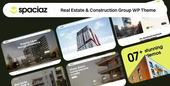Spaciaz WordPress theme homepage showing project portfolio, service cards, and team member profiles in a clean modern layout