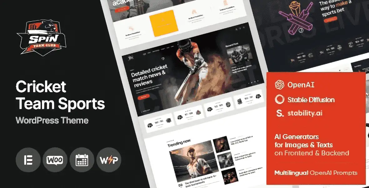 Spin cricket club WordPress theme homepage preview showing an Elementor-powered sports layout