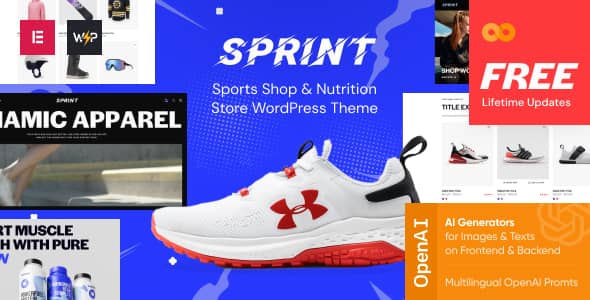 Sprint WordPress theme homepage showing sports shop layout with product grid, navigation, and hero section on desktop and mobile views