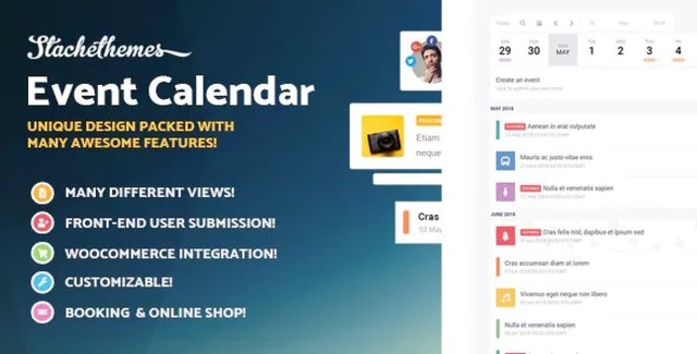 Stachethemes Event Calendar WordPress plugin dashboard showing responsive event grid with Elementor editor open