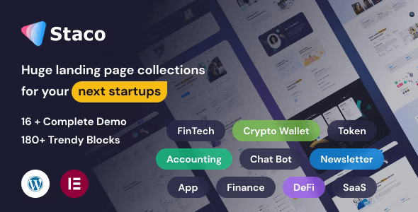 Staco SaaS startup WordPress theme preview with modern Elementor design layout