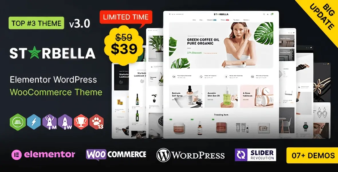 StarBella WooCommerce theme homepage preview showing clean product grid and navigation