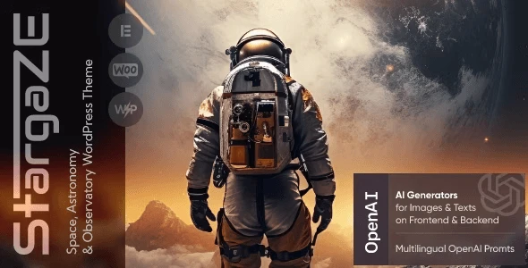 Stargaze astronomy WordPress theme homepage showing observatory layout with event calendar and mission showcase