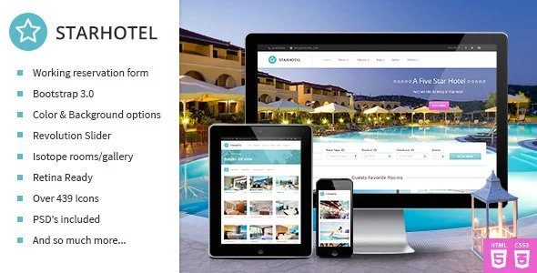 Starhotel responsive hotel booking HTML template layout with booking form and room gallery