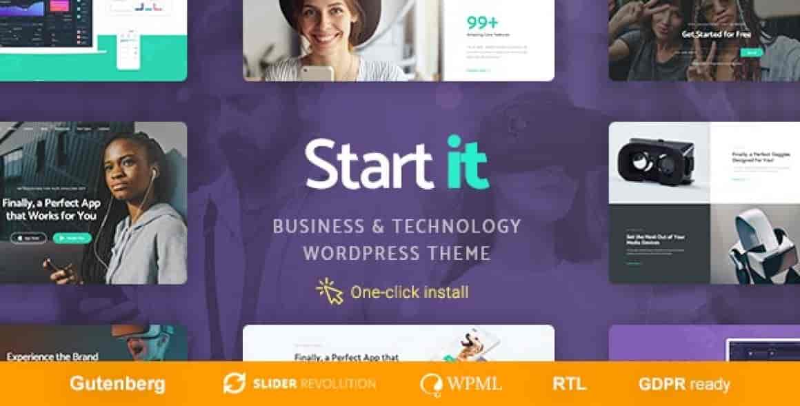 Start It technology and startup WordPress theme preview with Elementor PRO