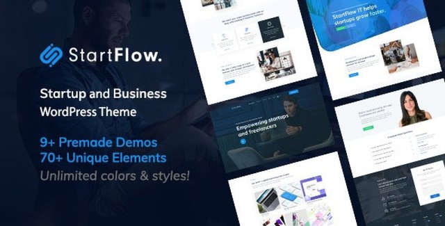 StartFlow multipurpose WordPress theme demo showcasing responsive startup and business website layouts