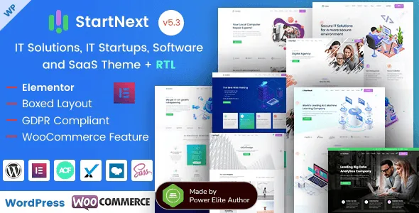 StartNext IT startup WordPress theme homepage preview with modern corporate layout and mobile-first design