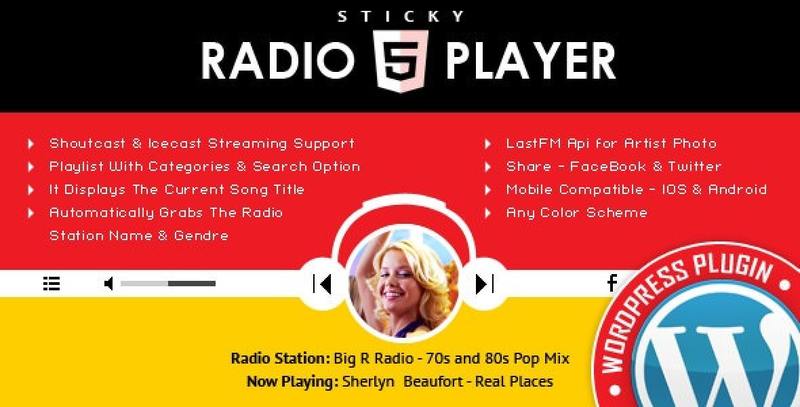 Sticky Radio Player WordPress plugin showing a full-width HTML5 audio streaming interface with playlist and controls