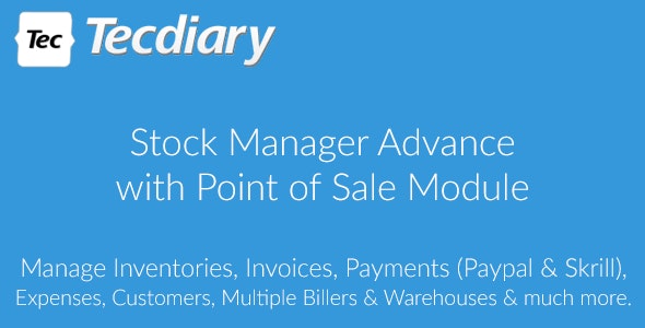 Stock Manager Advance dashboard showing POS interface, inventory list, and multi-warehouse stock valuation
