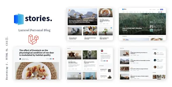 Stories Laravel multilingual blog script showing clean minimalist blog layout with adventure travel templates