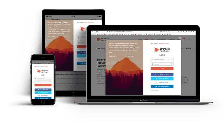 Stranoweb Ajax Login Premium WordPress plugin showing customizable login modal with social login buttons and branded styling