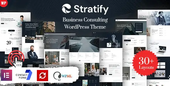 Stratify Business Consulting WordPress Theme preview showing professional corporate design