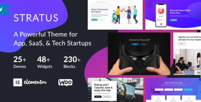 Stratus SaaS and app startup WordPress theme for Elementor page builder