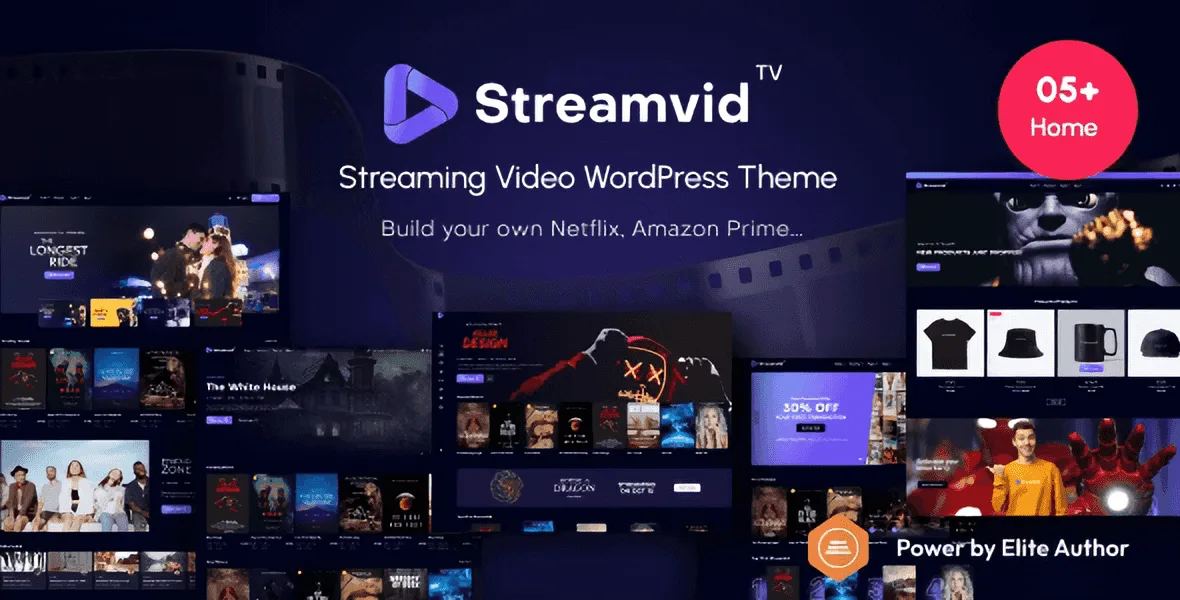 StreamVid video streaming WordPress theme preview showcasing Elementor-built streaming platform layout
