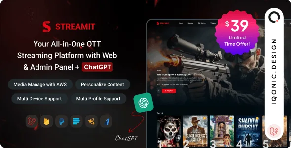 Streamit Laravel OTT streaming platform admin dashboard interface