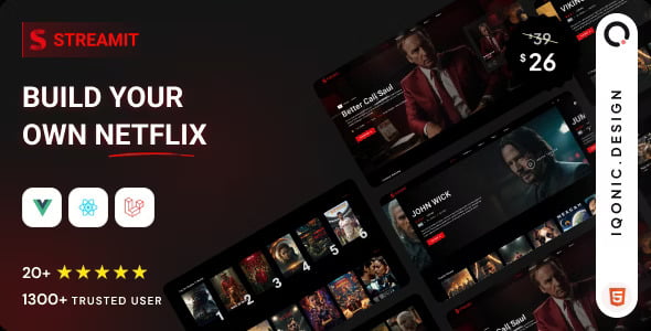 StreamIt video streaming admin template dashboard interface with VueJS React and Laravel support