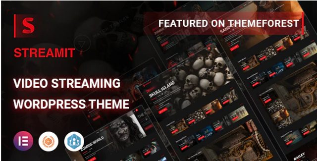 Streamit video streaming WordPress theme homepage showing Netflix-style OTT platform interface with movie grid, watchlist, and rating features