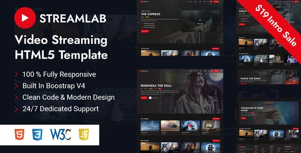 Streamlab responsive HTML5 video streaming template homepage preview